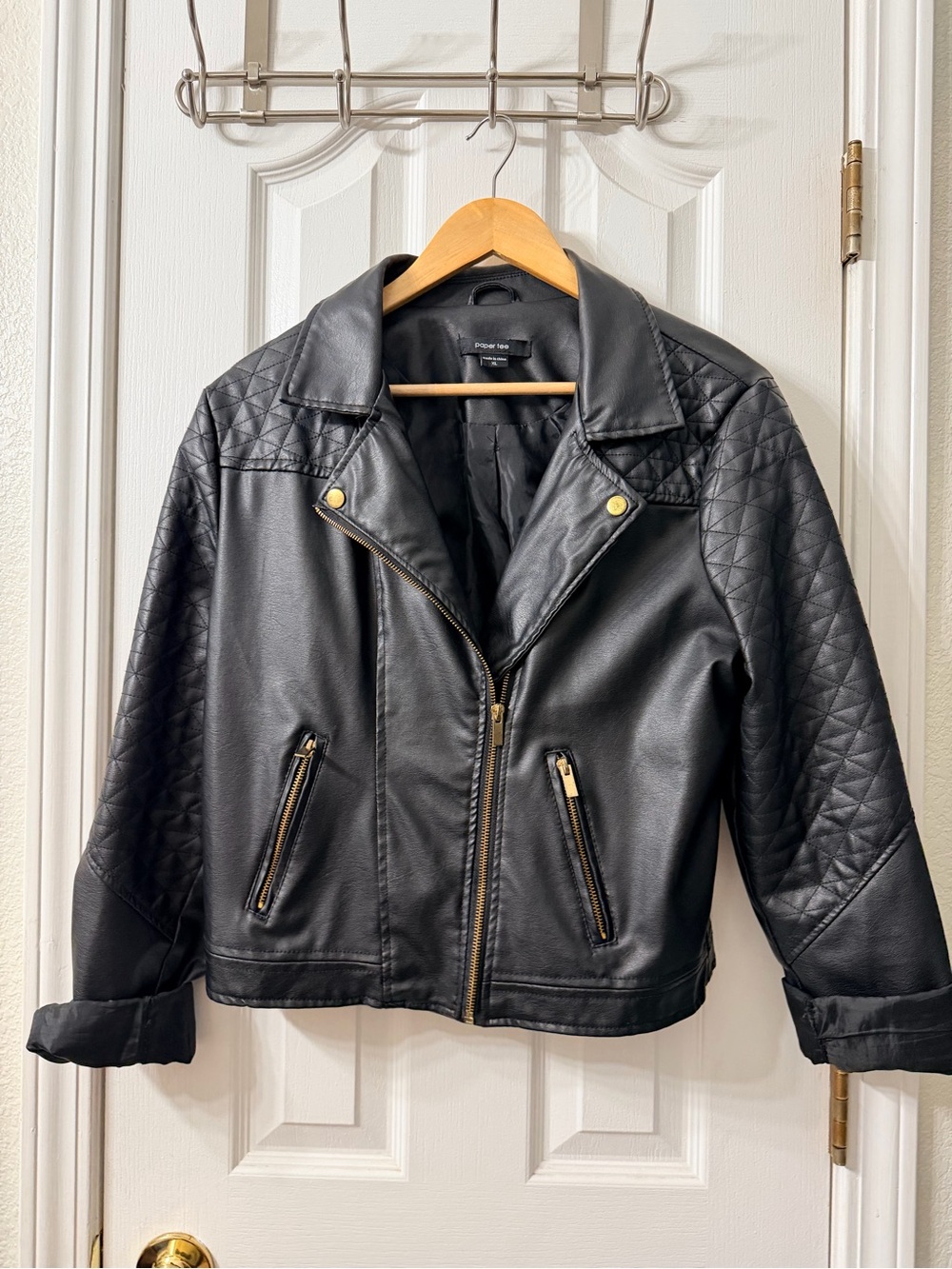 paper tee Black Quilted-Sleeve Faux Leather Jacket - Back View
